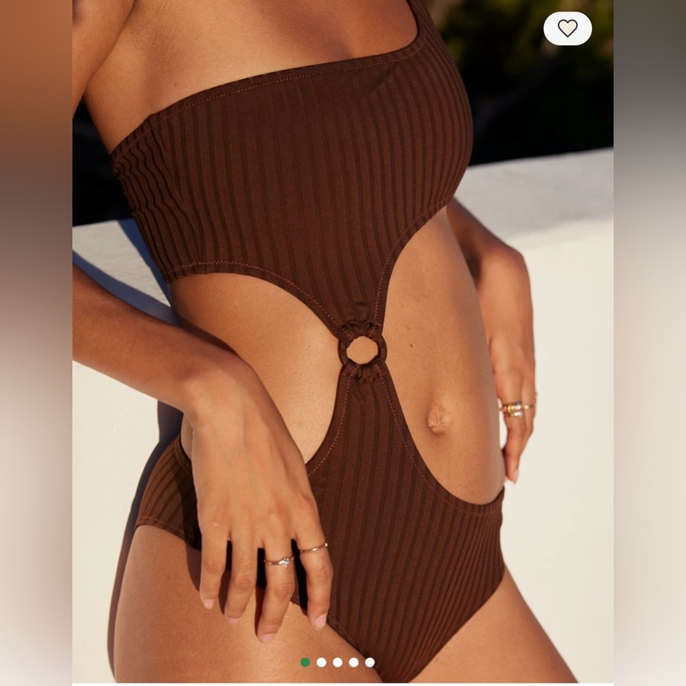 Aerie Wide Rib Cut Out One Shoulder Ring One Piece Swimsuit Brown Medium - Picture 2 of 13